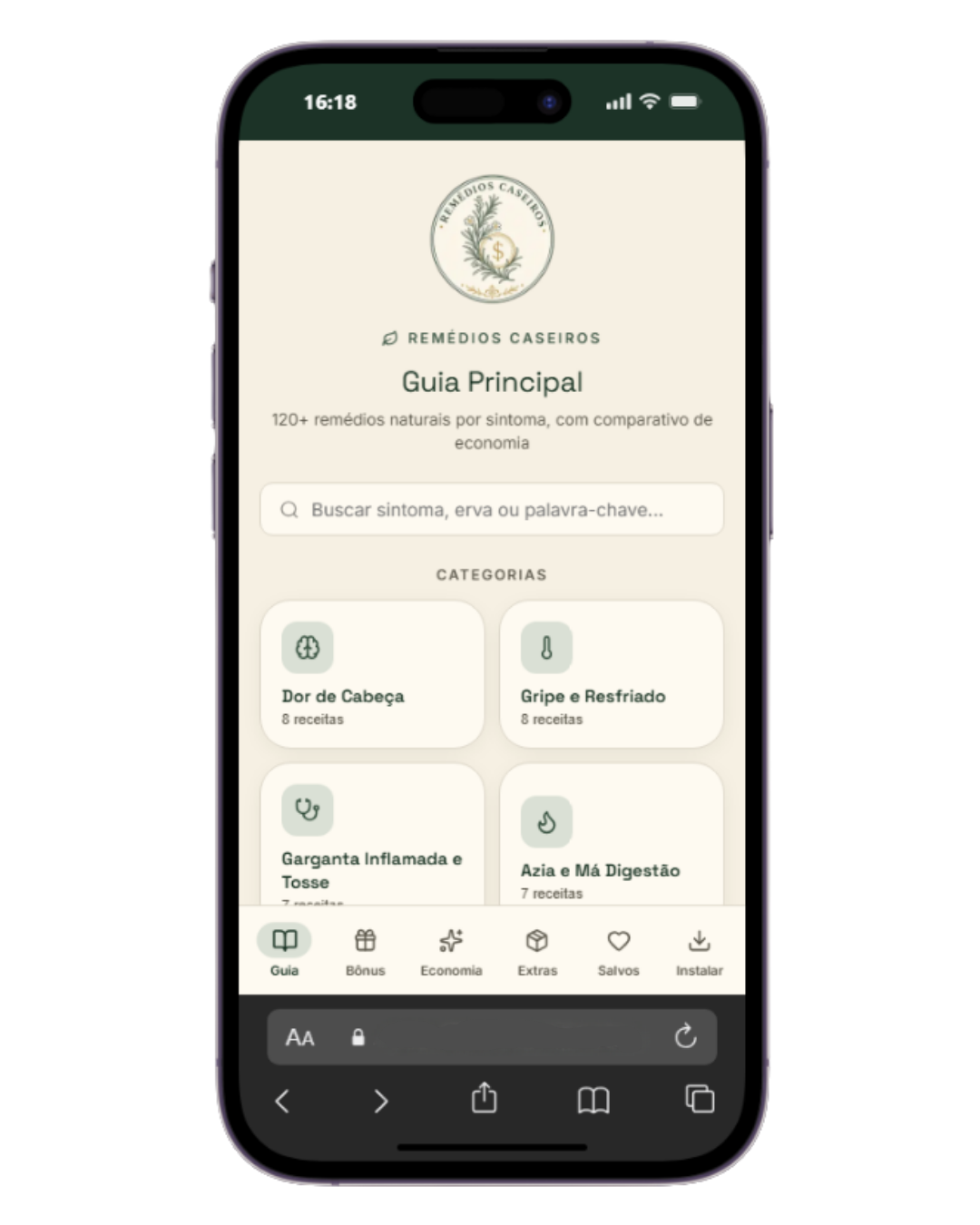 Mockup do app Remédios Caseiros mostrando a tela de busca por sintoma